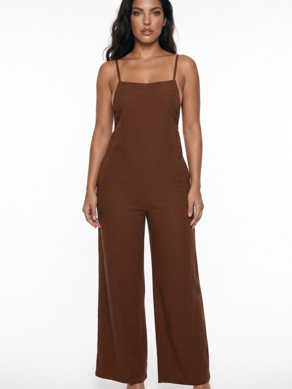 Lepunuo Women's S Brown Overall Sleeveless Wide-Leg Jumpsuit Square Neck Romper